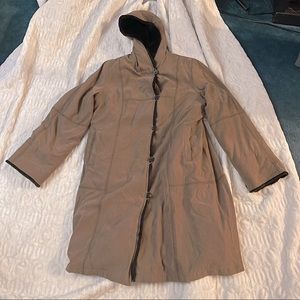 Utex Design long faux shearling hooded jacket L